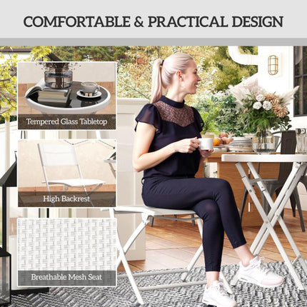 3 Pieces Outdoor Bistro Set, Glass Top Outdoor Table and 2 Folding Chairs with Protecting Feet, White