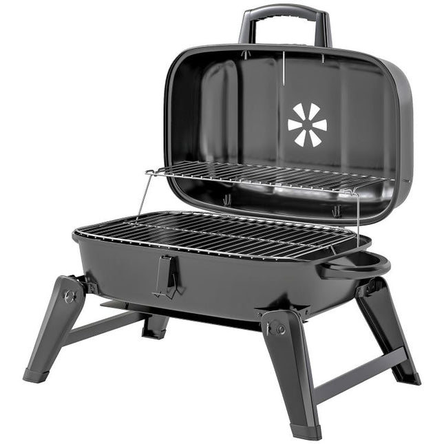 Charcoal Barbecue Grill Folding BBQ Grill with 1232 c square meter Cooking Area, Adjustable Vent, Thermometer, Handles for Camping Picnic, Black