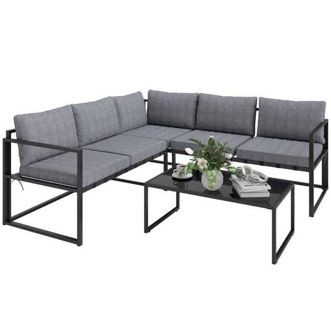 Three-Piece L Shaped Garden Furniture Set with Cushions - Grey