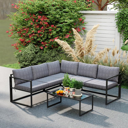 Three-Piece L Shaped Garden Furniture Set with Cushions - Grey