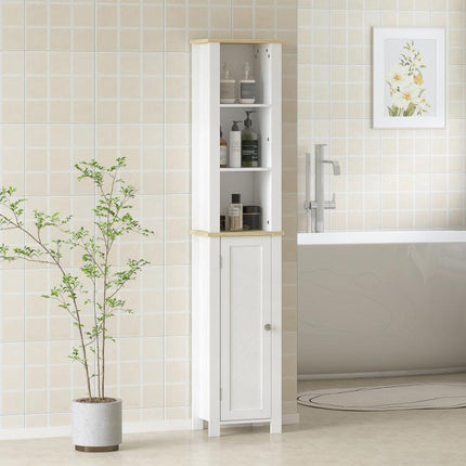 Slim Bathroom Storage Unit with Open Compartment, Bathroom Storage Cabinet with Adjustable Shelf, 34 x 23 x 165 cm, White