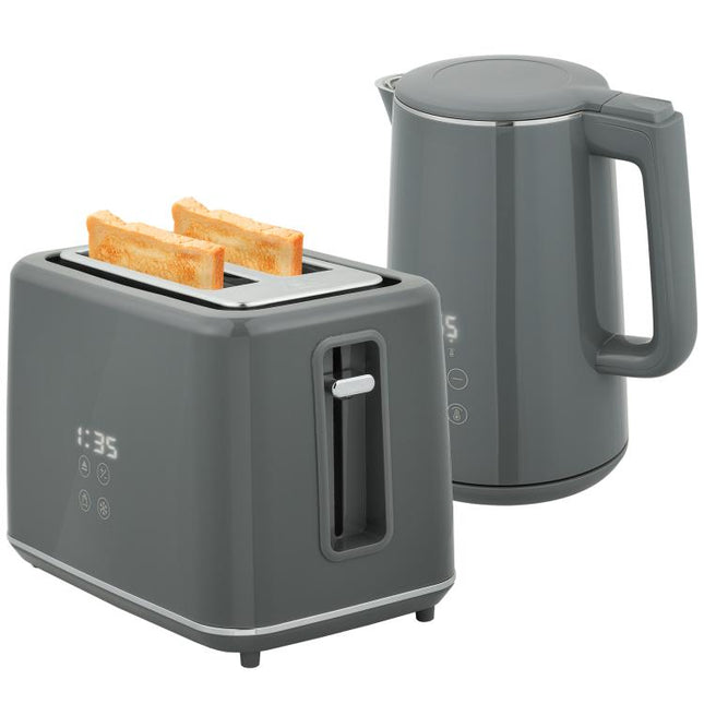 Digital Stainless Steel Kettle and Toaster Set, 1.5L 3000W Fast Boil Kettle, 2 Slice Toaster with 7 Level Browning Controls, Defrost, Reheat, Keep Warm, Crumb Tray and LED Touch Display, Grey