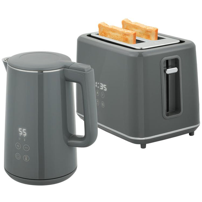 Digital Stainless Steel Kettle and Toaster Set, 1.5L 3000W Fast Boil Kettle, 2 Slice Toaster with 7 Level Browning Controls, Defrost, Reheat, Keep Warm, Crumb Tray and LED Touch Display, Grey