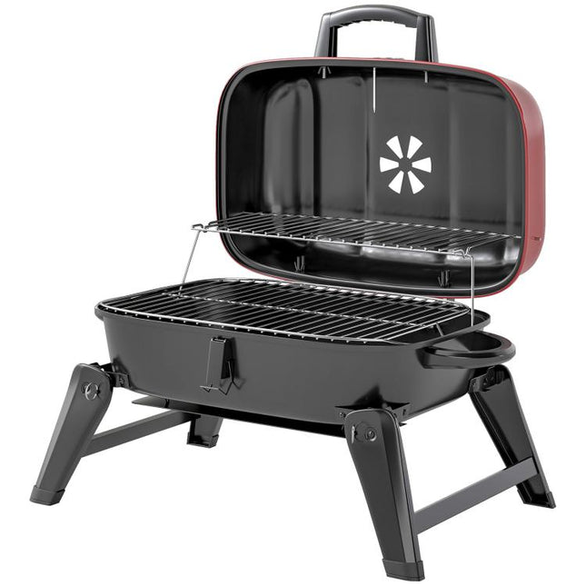 Charcoal Barbecue Grill Folding BBQ Grill with 1232 c square meter Cooking Area, Adjustable Vent, Thermometer, Handles for Camping Picnic, Red
