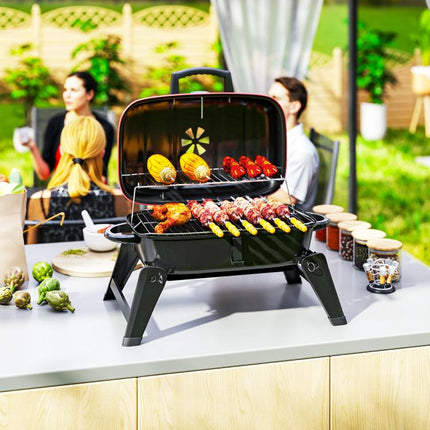 Charcoal Barbecue Grill Folding BBQ Grill with 1232 c square meter Cooking Area, Adjustable Vent, Thermometer, Handles for Camping Picnic, Red