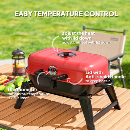 Charcoal Barbecue Grill Folding BBQ Grill with 1232 c square meter Cooking Area, Adjustable Vent, Thermometer, Handles for Camping Picnic, Red