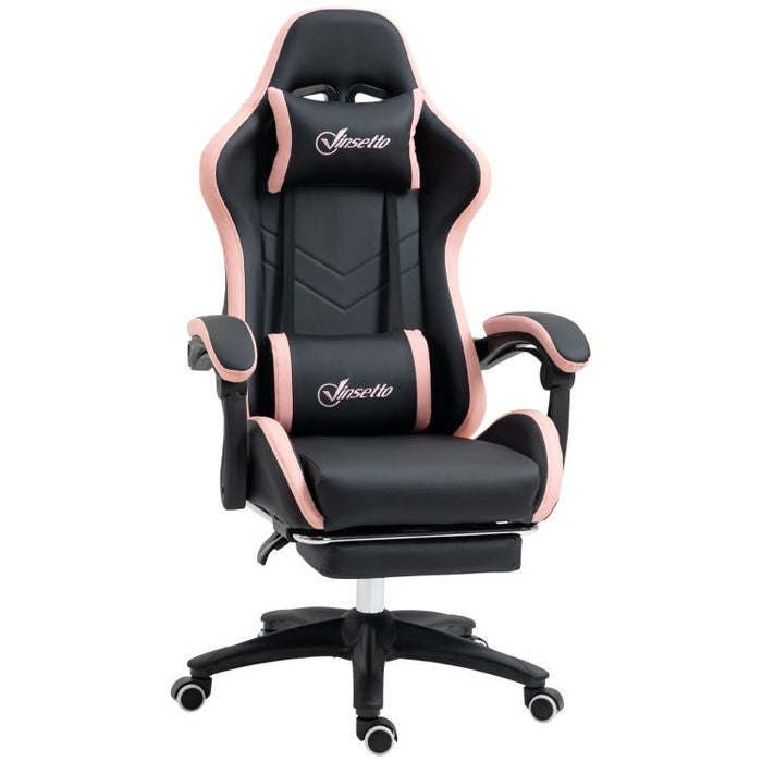 Computer Gaming Chair, PU Leather Office Desk Chair with Footrest, Swivel Wheels, 135 Degrees Reclining Back, Lumbar Support, Headrest for Home, Black and Pink