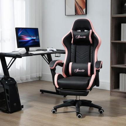 Computer Gaming Chair, PU Leather Office Desk Chair with Footrest, Swivel Wheels, 135 Degrees Reclining Back, Lumbar Support, Headrest for Home, Black and Pink