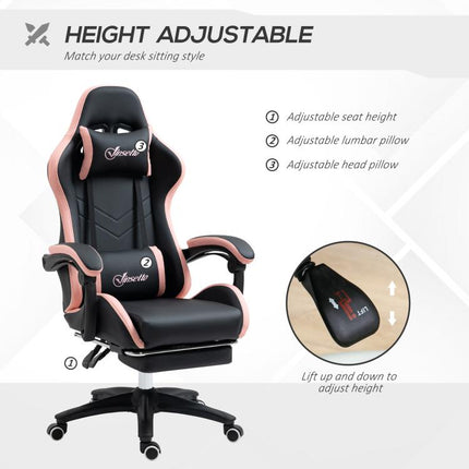Computer Gaming Chair, PU Leather Office Desk Chair with Footrest, Swivel Wheels, 135 Degrees Reclining Back, Lumbar Support, Headrest for Home, Black and Pink