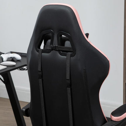 Computer Gaming Chair, PU Leather Office Desk Chair with Footrest, Swivel Wheels, 135 Degrees Reclining Back, Lumbar Support, Headrest for Home, Black and Pink