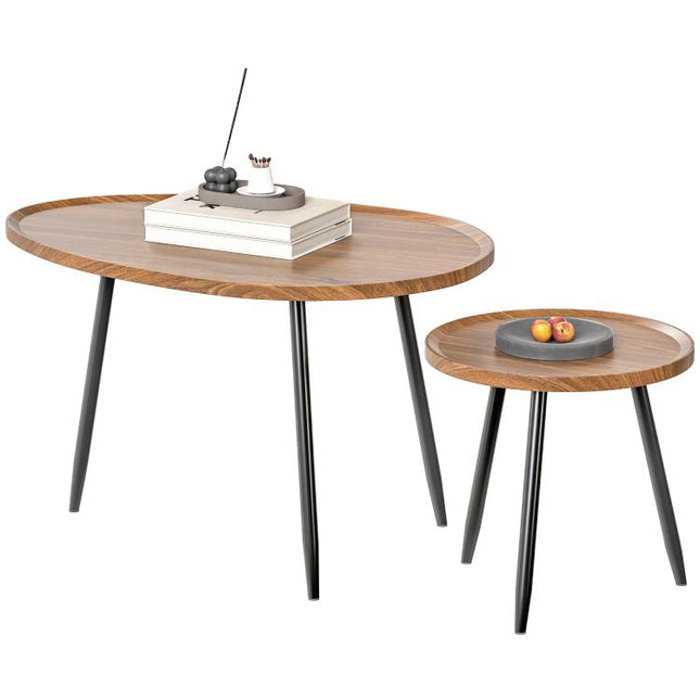 Nesting Coffee Table Set of 2, 80cm Modern Stacking End Side Table with Metal Legs for Living Room Bedroom Office, Chestnut Wood Effect