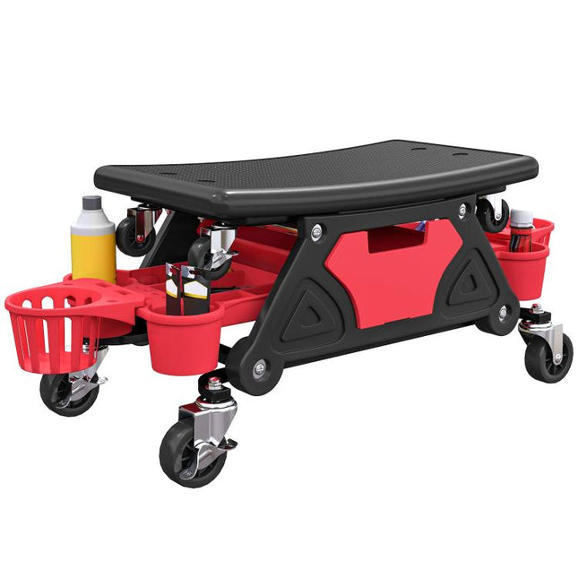 Rolling Mechanic Stool, 135kg Capacity Workshop Stool with 360 Degrees Swivel Wheels, Roller Creeper Seat with Slide Out Tool Trays, Drawer, Bottle Holders for Garage, Shop, Auto Repair, Red