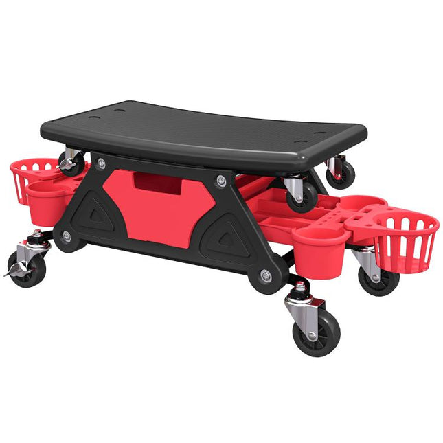 Rolling Mechanic Stool, 135kg Capacity Workshop Stool with 360 Degrees Swivel Wheels, Roller Creeper Seat with Slide Out Tool Trays, Drawer, Bottle Holders for Garage, Shop, Auto Repair, Red