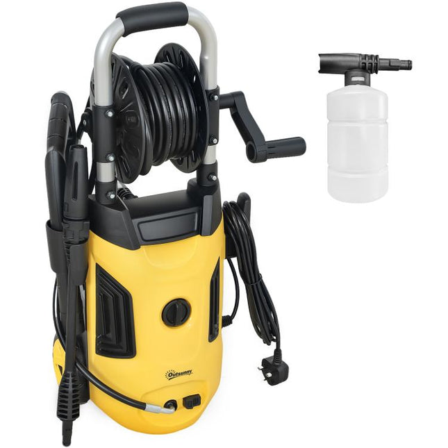 1800W High?Pressure?Washer, 150 Bar Pressure, 420 L/h Flow, Portable Power Washer Jet Wash Cleaner with Adjustable Nozzle, 6M Hose, Hose Reel, Steel Handle for Home Patio Car Driveway, Yellow