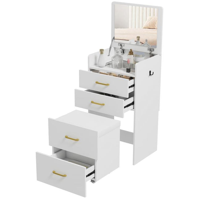 Compact Dressing Table and Stool Set, with Storage - White