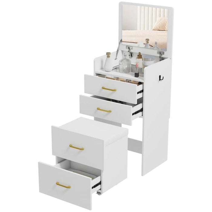 Compact Dressing Table and Stool Set, with Storage - White