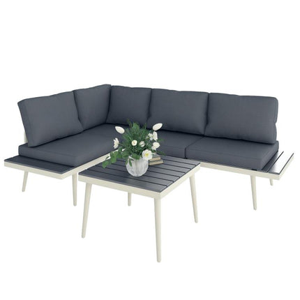 3 Piece Garden Furniture Set with 5-Level Adjustable Lounger, L Shaped Garden Corner Sofa with Cushions, Mesh Seat, Slatted Wood-Grain Table, Outdoor Furniture Set for Conservatory, Grey