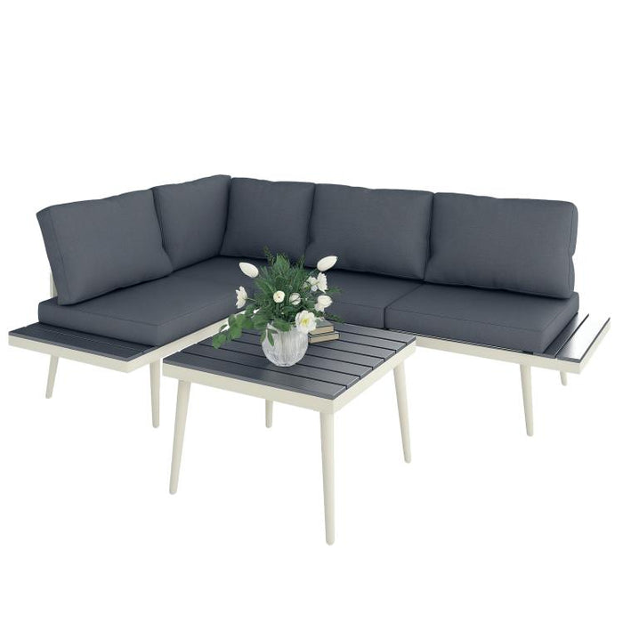 3 Piece Garden Furniture Set with 5-Level Adjustable Lounger, L Shaped Garden Corner Sofa with Cushions, Mesh Seat, Slatted Wood-Grain Table, Outdoor Furniture Set for Conservatory, Grey