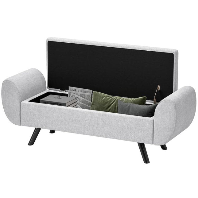 Storage Ottoman with Armrest, Upholstered Linen Storage Bench, Window Seat with Rubberwood Legs, Footstool for Bedroom Living Room, Hallway, Light Grey