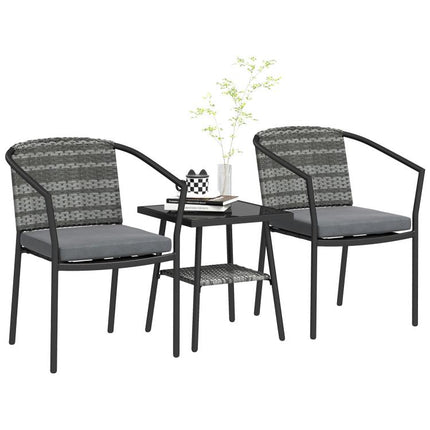 3 Pieces Rattan Bistro Set with Cushions, Wicker Garden Furniture Set, Glass Top Coffee Table and Chairs for Outdoor Patio, Balcony, Terrace and Conservatory, Grey