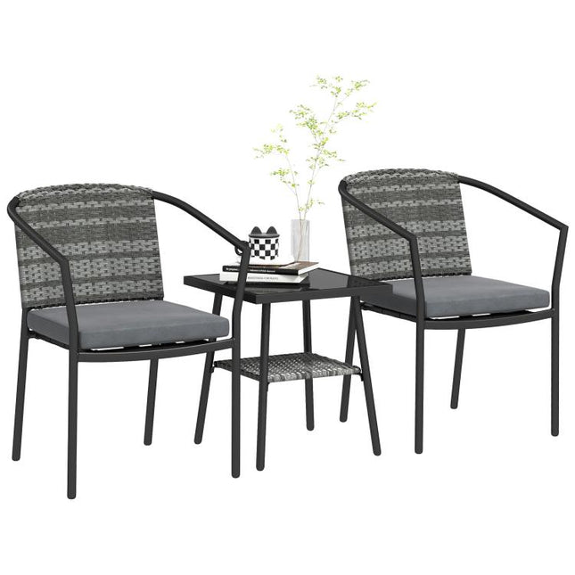 3 Pieces Rattan Bistro Set with Cushions, Wicker Garden Furniture Set, Glass Top Coffee Table and Chairs for Outdoor Patio, Balcony, Terrace and Conservatory, Grey