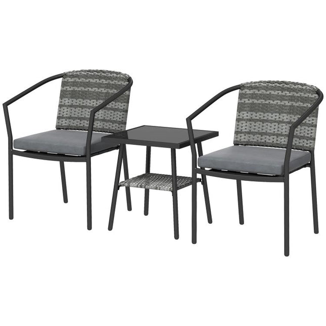 3 Pieces Rattan Bistro Set with Cushions, Wicker Garden Furniture Set, Glass Top Coffee Table and Chairs for Outdoor Patio, Balcony, Terrace and Conservatory, Grey
