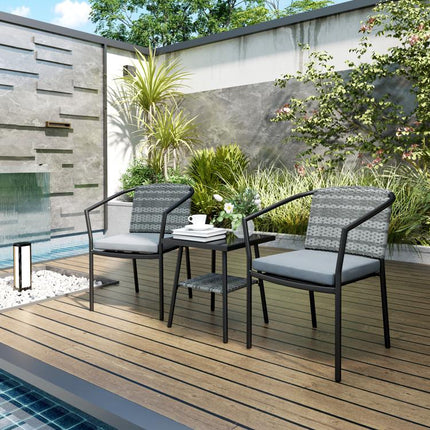 3 Pieces Rattan Bistro Set with Cushions, Wicker Garden Furniture Set, Glass Top Coffee Table and Chairs for Outdoor Patio, Balcony, Terrace and Conservatory, Grey