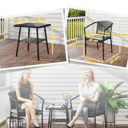 3 Pieces Rattan Bistro Set with Cushions, Wicker Garden Furniture Set, Glass Top Coffee Table and Chairs for Outdoor Patio, Balcony, Terrace and Conservatory, Grey