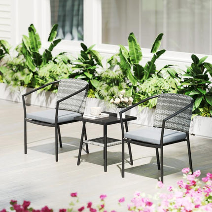 3 Pieces Rattan Bistro Set with Cushions, Wicker Garden Furniture Set, Glass Top Coffee Table and Chairs for Outdoor Patio, Balcony, Terrace and Conservatory, Grey