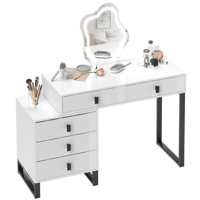 Dressing Table, Vanity Desk with Leaf Shape Mirror, Makeup Table with 5 Drawers, 3-Colour LED Lights, 100x40cm Tabletop, White