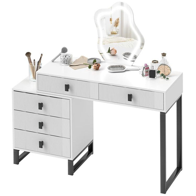 Dressing Table, Vanity Desk with Leaf Shape Mirror, Makeup Table with 5 Drawers, 3-Colour LED Lights, 100x40cm Tabletop, White