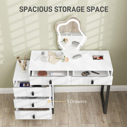 Dressing Table, Vanity Desk with Leaf Shape Mirror, Makeup Table with 5 Drawers, 3-Colour LED Lights, 100x40cm Tabletop, White