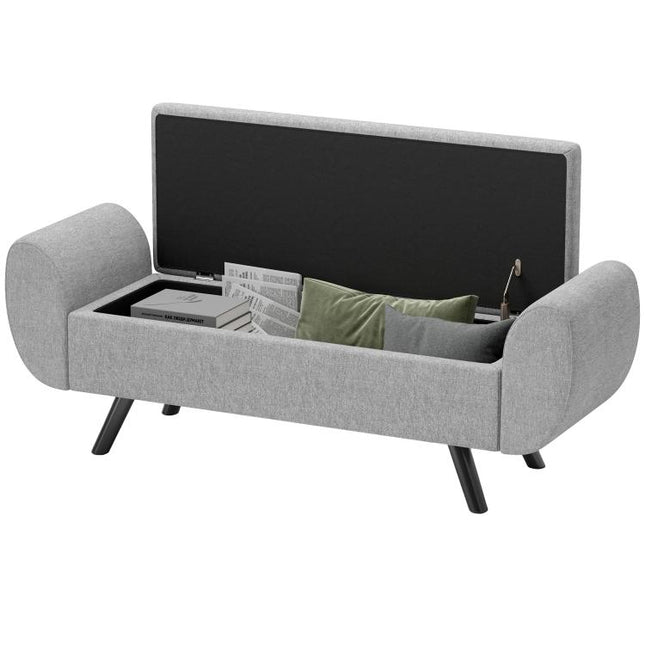 Storage Ottoman with Armrest, Upholstered Linen Storage Bench, Window Seat with Rubberwood Legs, Footstool for Bedroom Living Room, Hallway, Dark Grey