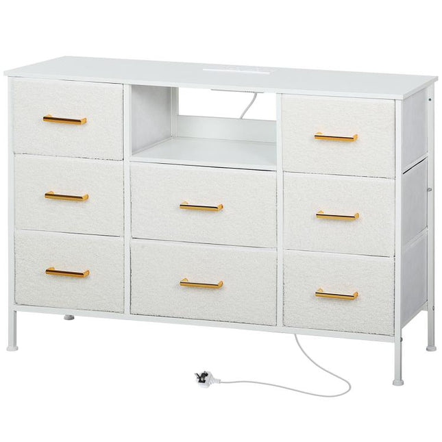 Boucle Chest of Drawers, 8 Fabric Drawers Storage Organiser with Charging Station, 2 USB and 2 AC Ports, Steel Frame, Fabric Dresser for Living Room, Bedroom, Hallway, Cream White
