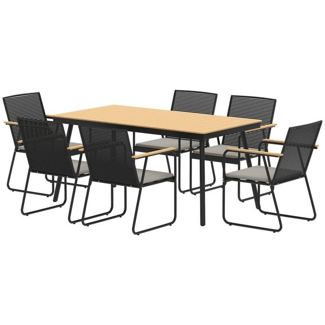 6?Seater Garden Dining Set with Cushions, Rattan Backrest, Plastic Top, Garden Furniture Set, Natural Wood Finish
