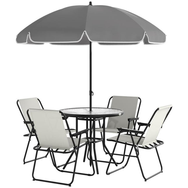 4 Seater Garden Furniture Set, 6 Pieces Garden Table and Chairs with Parasol, Outdoor Garden Dining Set with Folding Chairs and Round Glass Top Table for Patio, Cream White