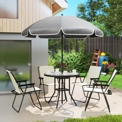 4 Seater Garden Furniture Set, 6 Pieces Garden Table and Chairs with Parasol, Outdoor Garden Dining Set with Folding Chairs and Round Glass Top Table for Patio, Cream White