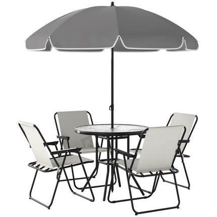 4 Seater Garden Furniture Set, 6 Pieces Garden Table and Chairs with Parasol, Outdoor Garden Dining Set with Folding Chairs and Round Glass Top Table for Patio, Cream White