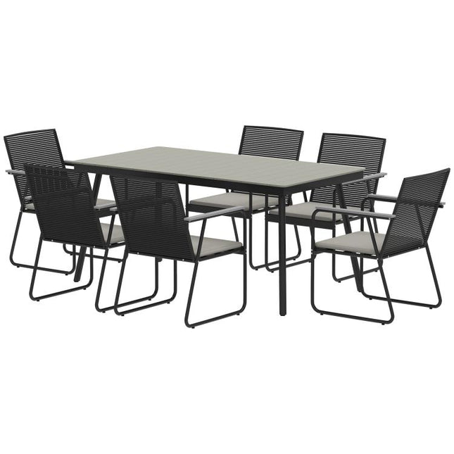 6?Seater Garden Dining Set with Cushions, Rattan Backrest, Plastic Top, Garden Furniture Set, Grey