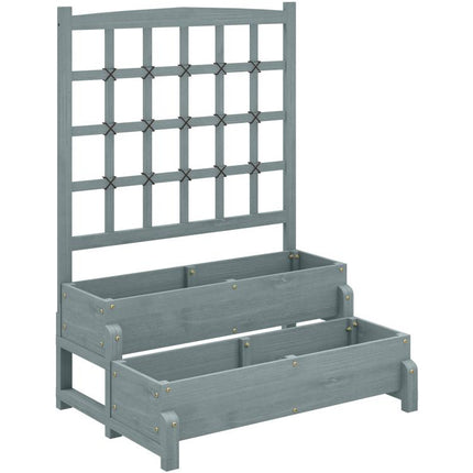 2-Tier Raised Garden Bed with Trellis, Wooden Elevated Planter Box with Drainage Holes, Outdoor Raised Planter for Climbing Plants, Fruits, Vegetables, Flowers, Grey