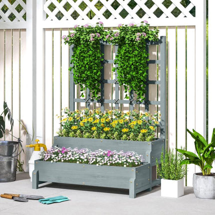 2-Tier Raised Garden Bed with Trellis, Wooden Elevated Planter Box with Drainage Holes, Outdoor Raised Planter for Climbing Plants, Fruits, Vegetables, Flowers, Grey