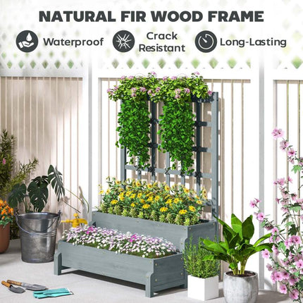 2-Tier Raised Garden Bed with Trellis, Wooden Elevated Planter Box with Drainage Holes, Outdoor Raised Planter for Climbing Plants, Fruits, Vegetables, Flowers, Grey