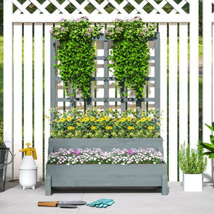 2-Tier Raised Garden Bed with Trellis, Wooden Elevated Planter Box with Drainage Holes, Outdoor Raised Planter for Climbing Plants, Fruits, Vegetables, Flowers, Grey