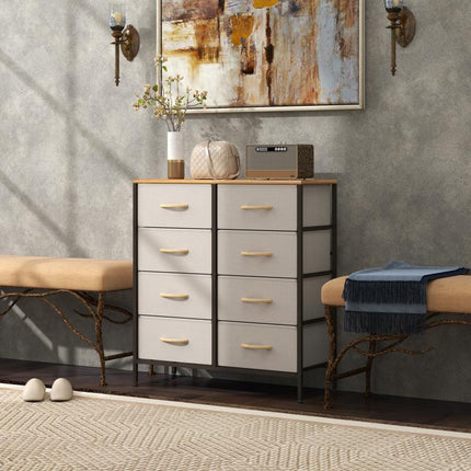 Fabric Chest of Drawers, Industrial Bedroom Dresser with 8 Fabric Drawers, Steel Frame and Wooden Top for Nursery, Living Room, Hallway, Cream White