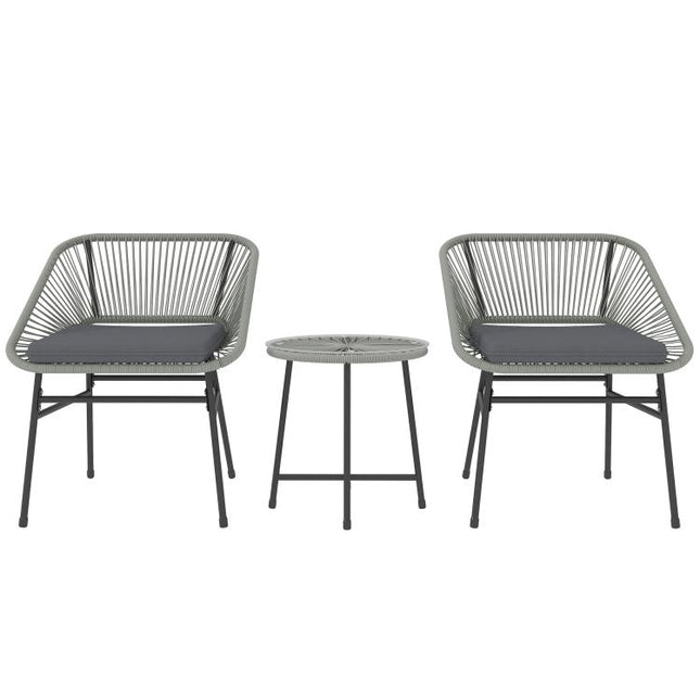 3 Pieces Rattan Bistro Set, Wicker Small Garden Table and Chairs Set with Cushions and Glass Top Coffee Table, Bistro Garden Furniture Set for Outdoor, Patio, Balcony, Light Grey