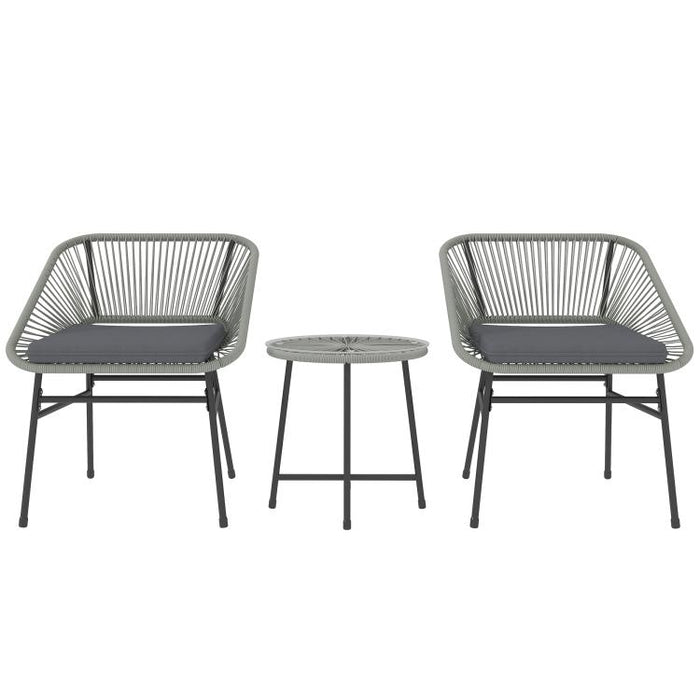 3 Pieces Rattan Bistro Set, Wicker Small Garden Table and Chairs Set with Cushions and Glass Top Coffee Table, Bistro Garden Furniture Set for Outdoor, Patio, Balcony, Light Grey