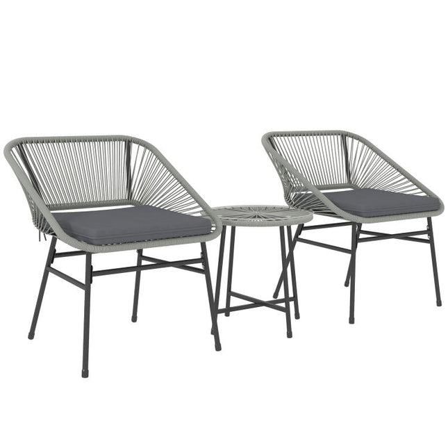 3 Pieces Rattan Bistro Set, Wicker Small Garden Table and Chairs Set with Cushions and Glass Top Coffee Table, Bistro Garden Furniture Set for Outdoor, Patio, Balcony, Light Grey