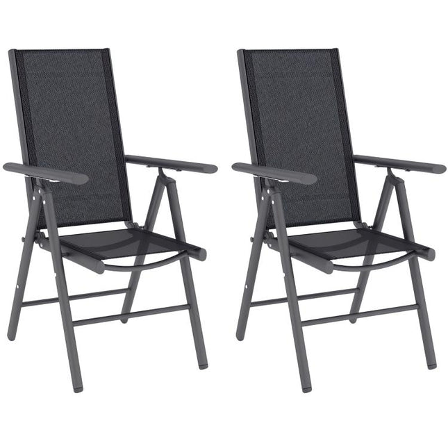 Set of 2 Folding Garden Chairs, Aluminium Frame Outdoor Dining Chairs with Breathable Mesh Back and Seat, Garden Folding Chair Set with Armrests for Balcony, Dark Grey