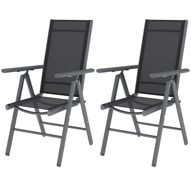 Set of 2 Folding Garden Chairs, Aluminium Frame Outdoor Dining Chairs with Breathable Mesh Back and Seat, Garden Folding Chair Set with Armrests for Balcony, Dark Grey
