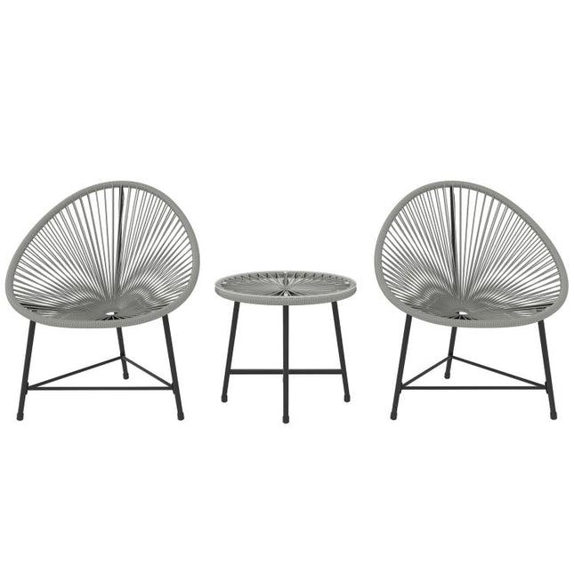 3 Pieces Rattan Bistro Set, Garden Bistro Set with Acapulco Chairs and Glass Top Table, Small Garden Furniture Set with Reinforced Metal Frame for Outdoor, Patio, Balcony, Grey
